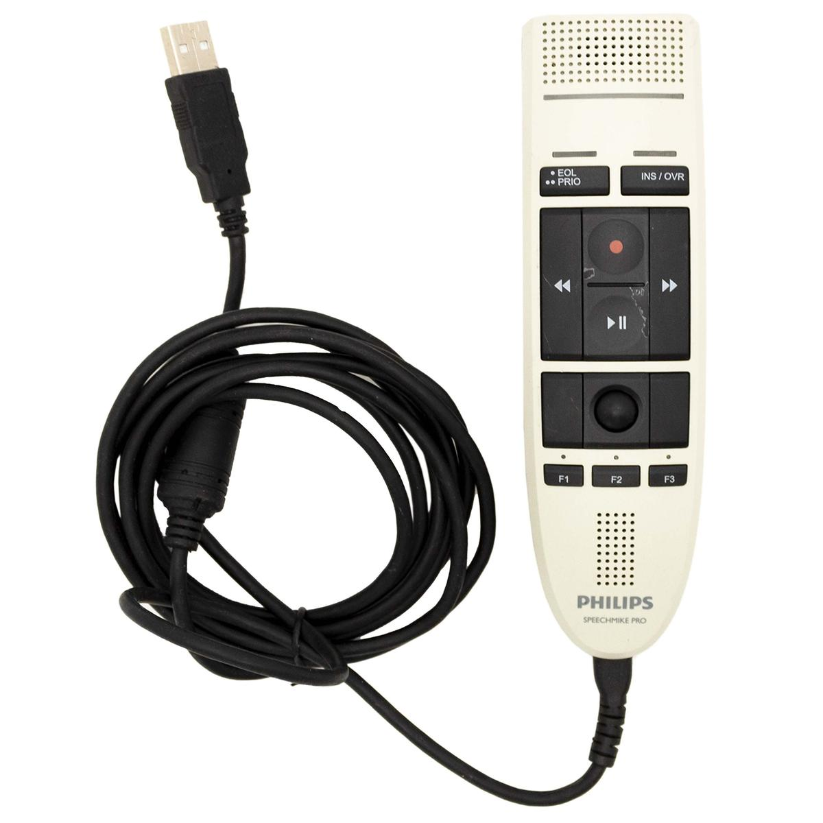 Ein weißes Philips SpeechMike Pro mit schwarzen Knöpfen und einem gewickelten schwarzen Kabel mit USB-Anschluss.