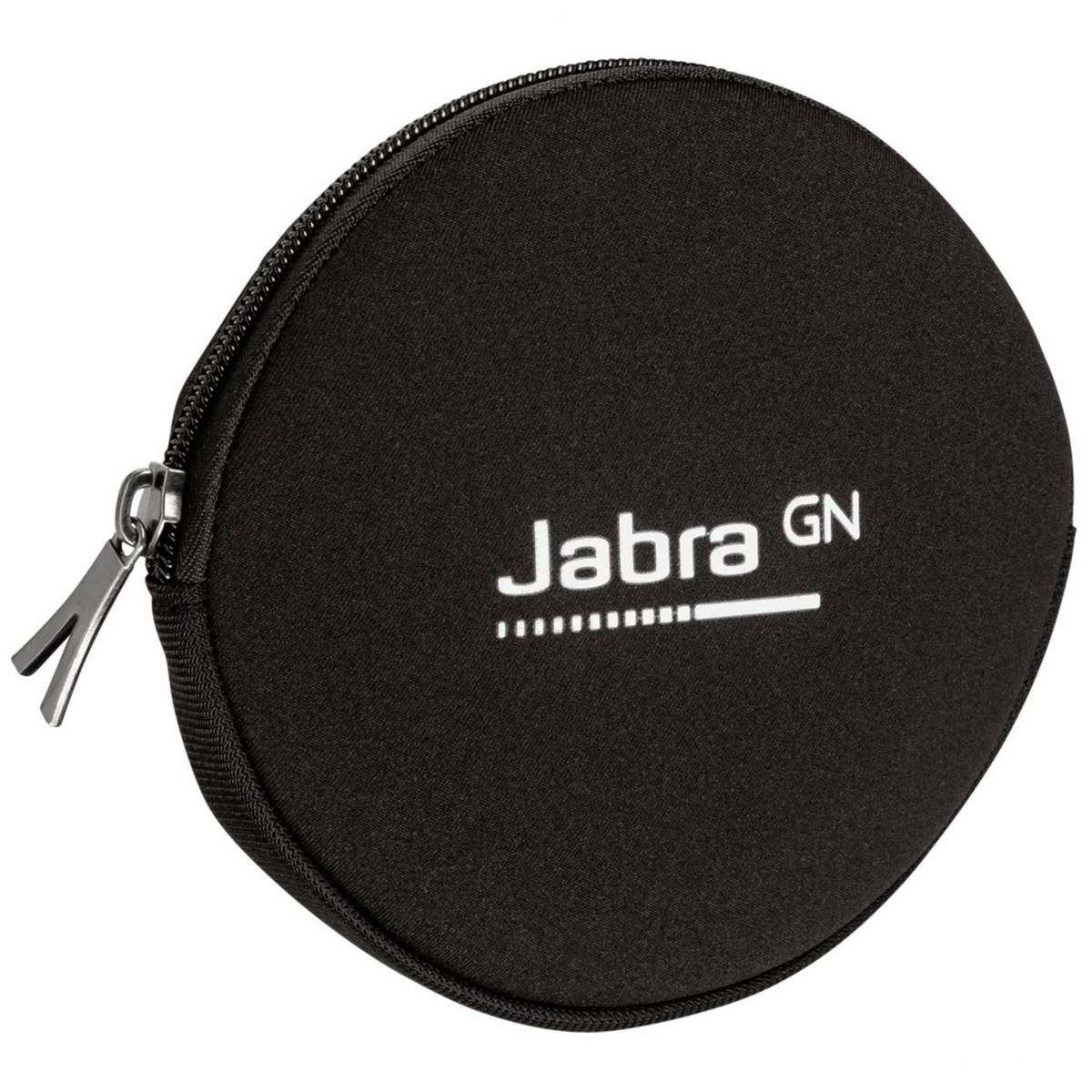 Una custodia Jabra nera e rotonda con cerniera. Il logo Jabra e GN sono bianchi. La cerniera è argentata.