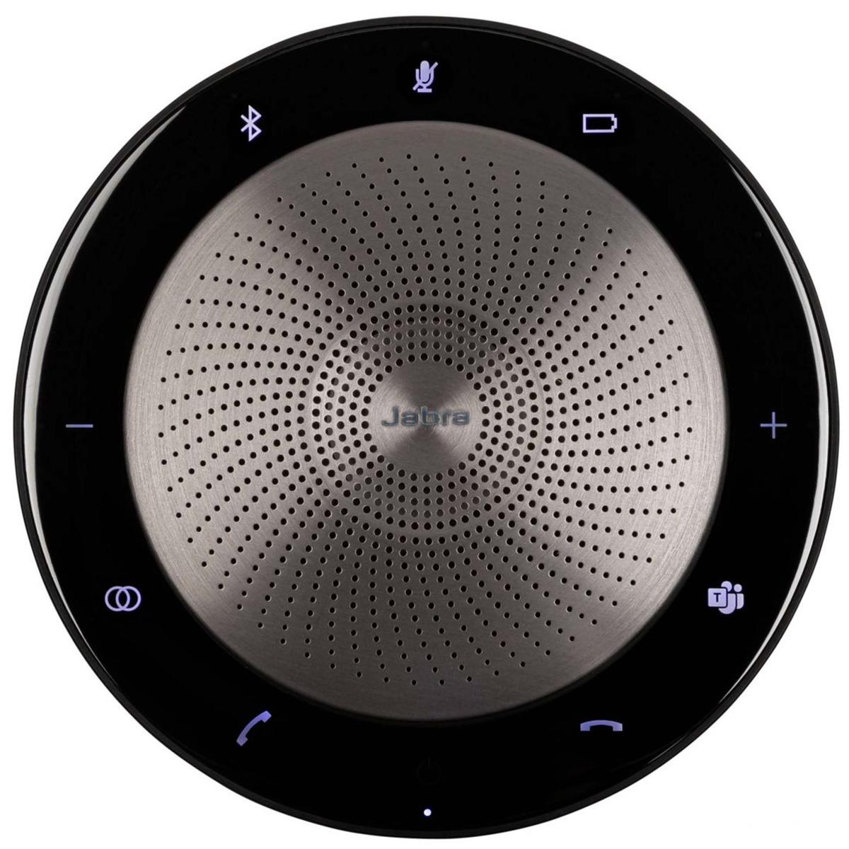 Un vivavoce Jabra nero e argento. Ha icone di controllo sul bordo e il logo Jabra al centro.