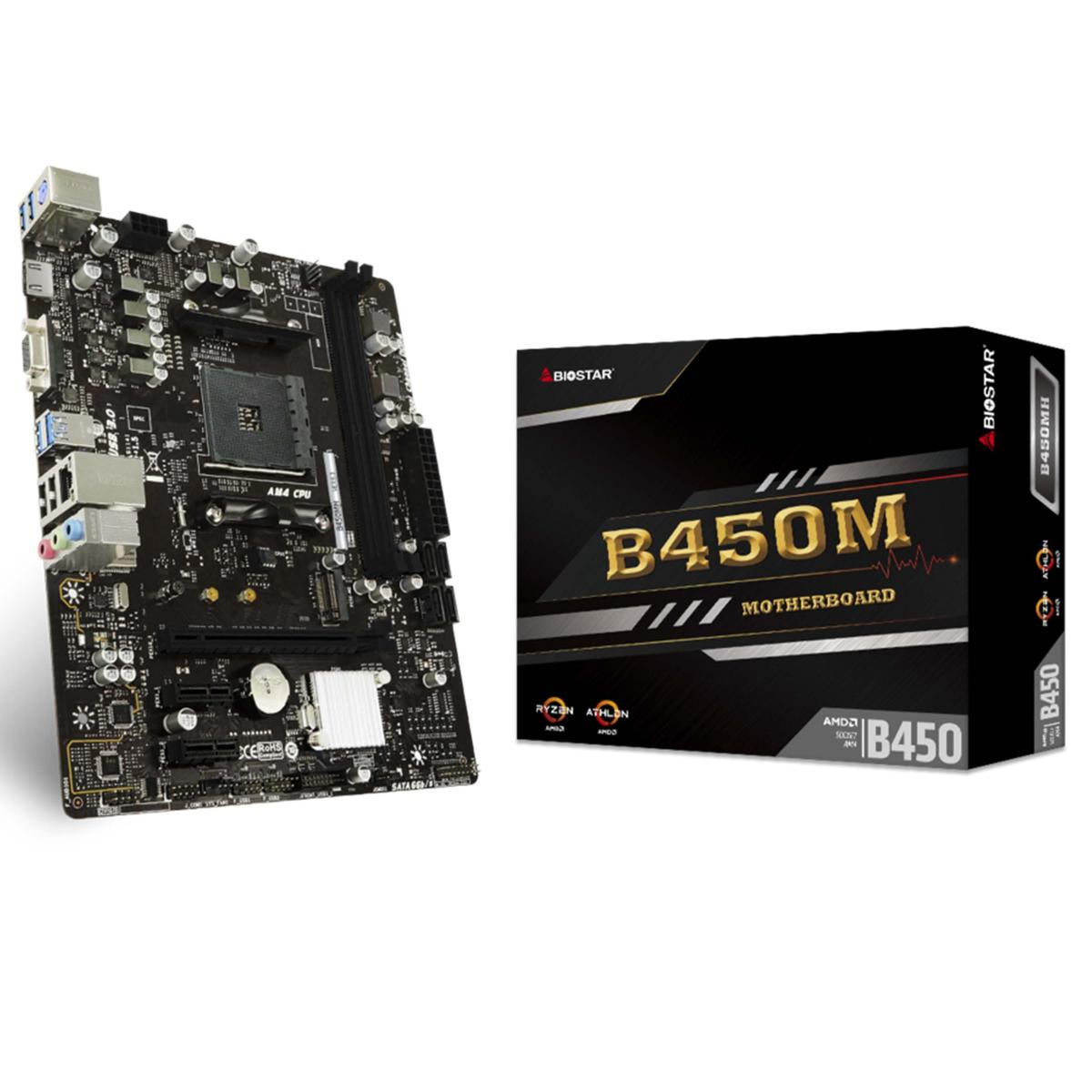 Una scheda madre nera e una scatola nera con scritte dorate. La scatola dice B450M Motherboard di Biostar.