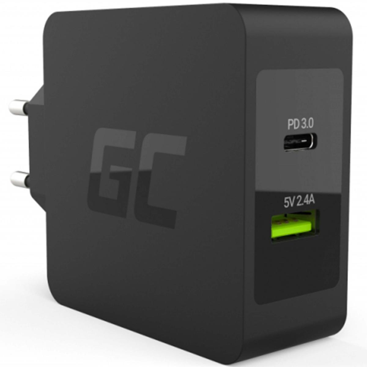 Schwarzer Netzadapter mit 'GC'-Logo. Verfügt über USB-Anschlüsse, einer grün. Text lautet 'PD 3.0' und '5V 2.4A'.