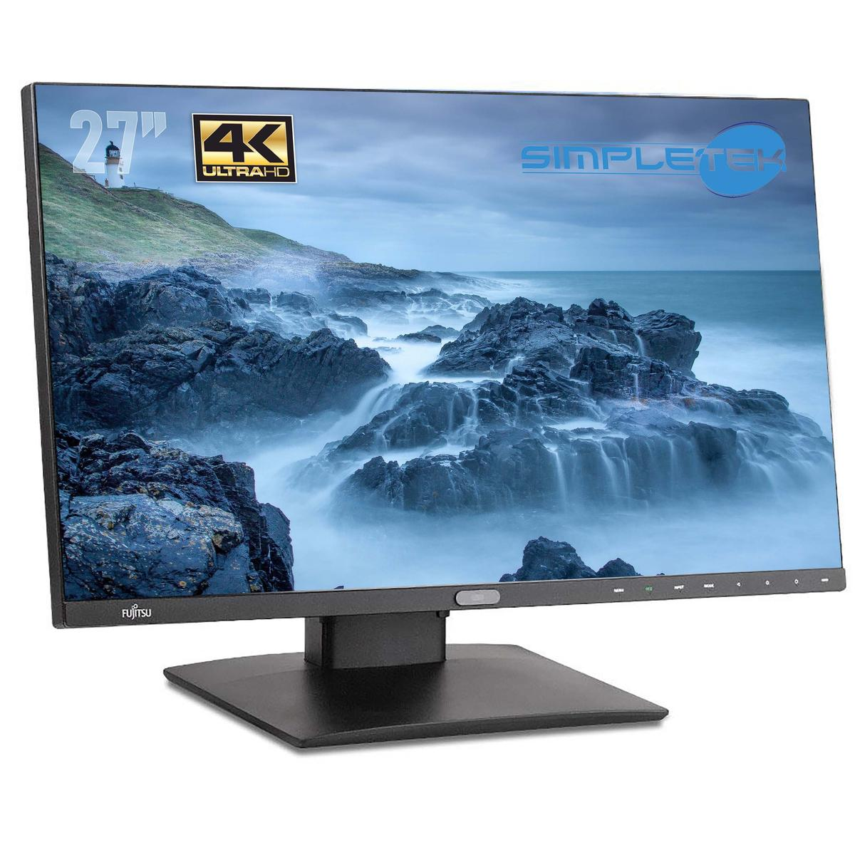 27-calowy monitor wyświetla nadmorską scenę ze skałami i wodospadami. Monitor jest czarny z logo Fujitsu.