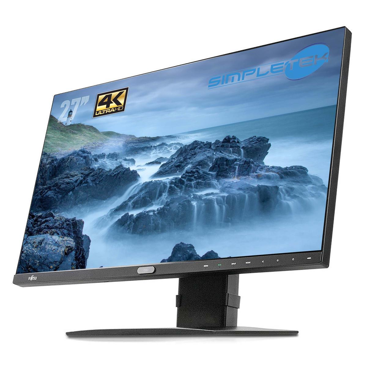 27-calowy monitor 4K SimpleTek wyświetla scenę nadmorską. Monitor jest czarny, z logo Fujitsu w lewym dolnym rogu.