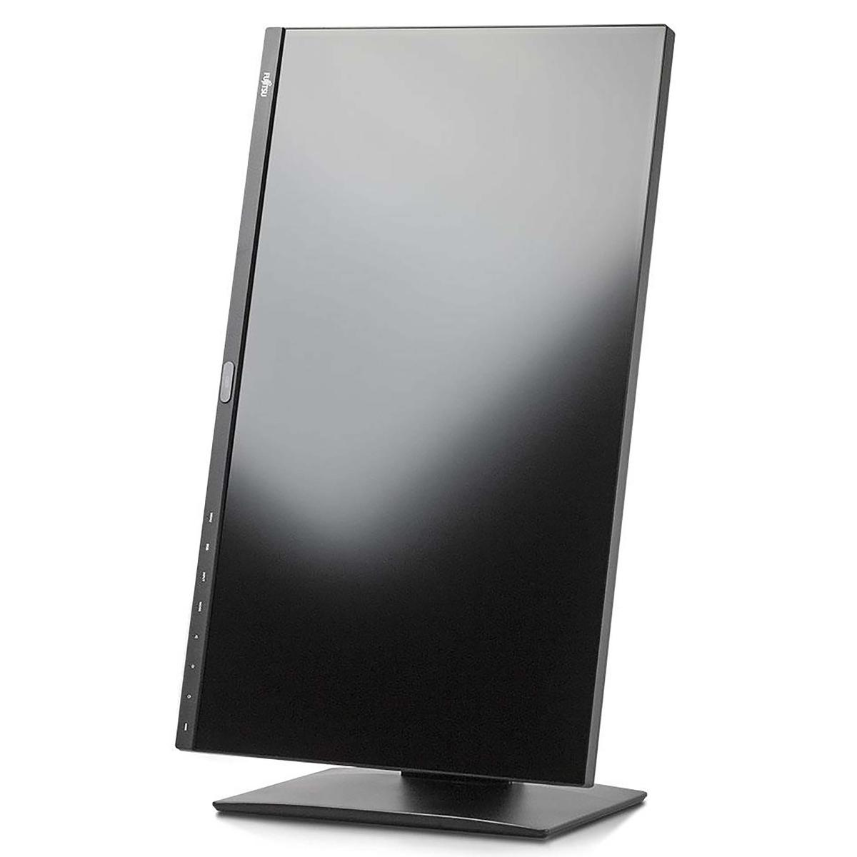 Czarny monitor komputera jest lekko pochylony. Ekran jest ciemny, podstawa kwadratowa, widoczne logo Fujitsu.