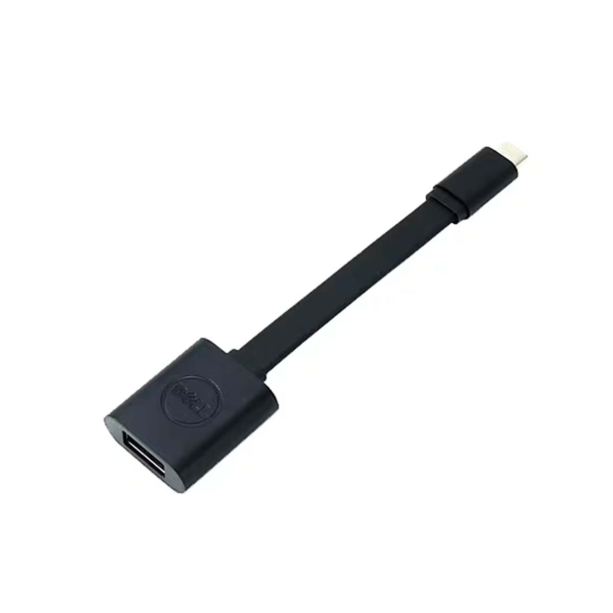 Un adattatore USB-C nero Dell su sfondo bianco. Ha una porta USB a un'estremità e un connettore USB-C all'altra.