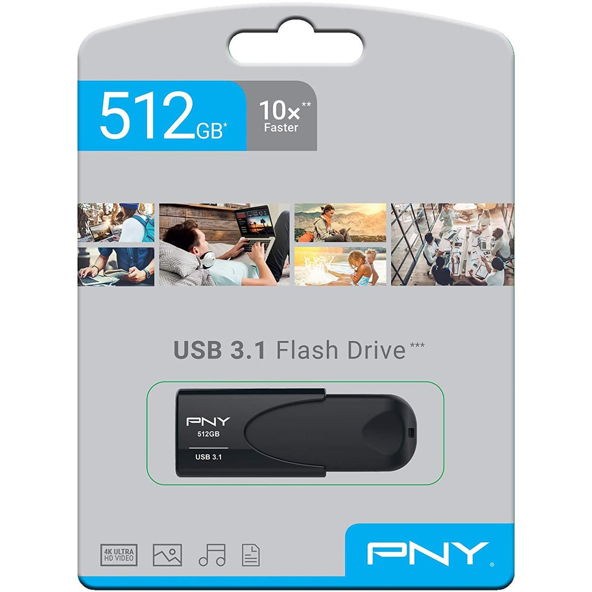 Opakowanie PNY USB 3.1 Flash Drive, 512GB. Funkcje obejmują wideo 4K Ultra HD. Opakowanie zawiera zdjęcia osób korzystających z laptopów i na plaży.