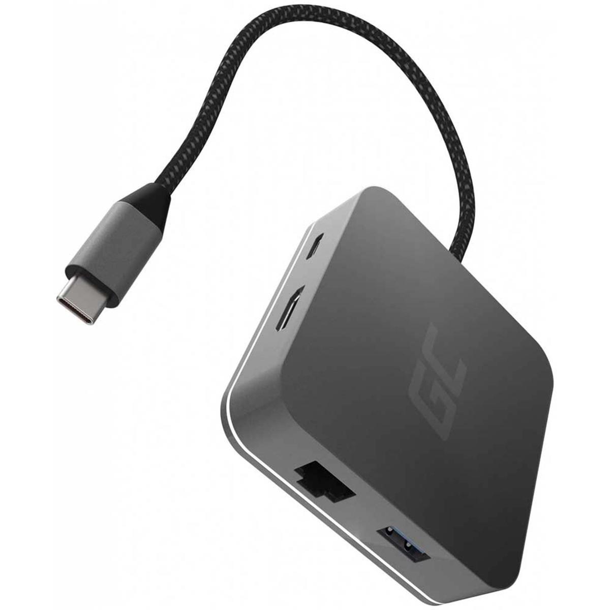 Un hub USB-C grigio con un cavo nero. L'hub ha più porte e un bordo bianco. Lo sfondo è bianco.