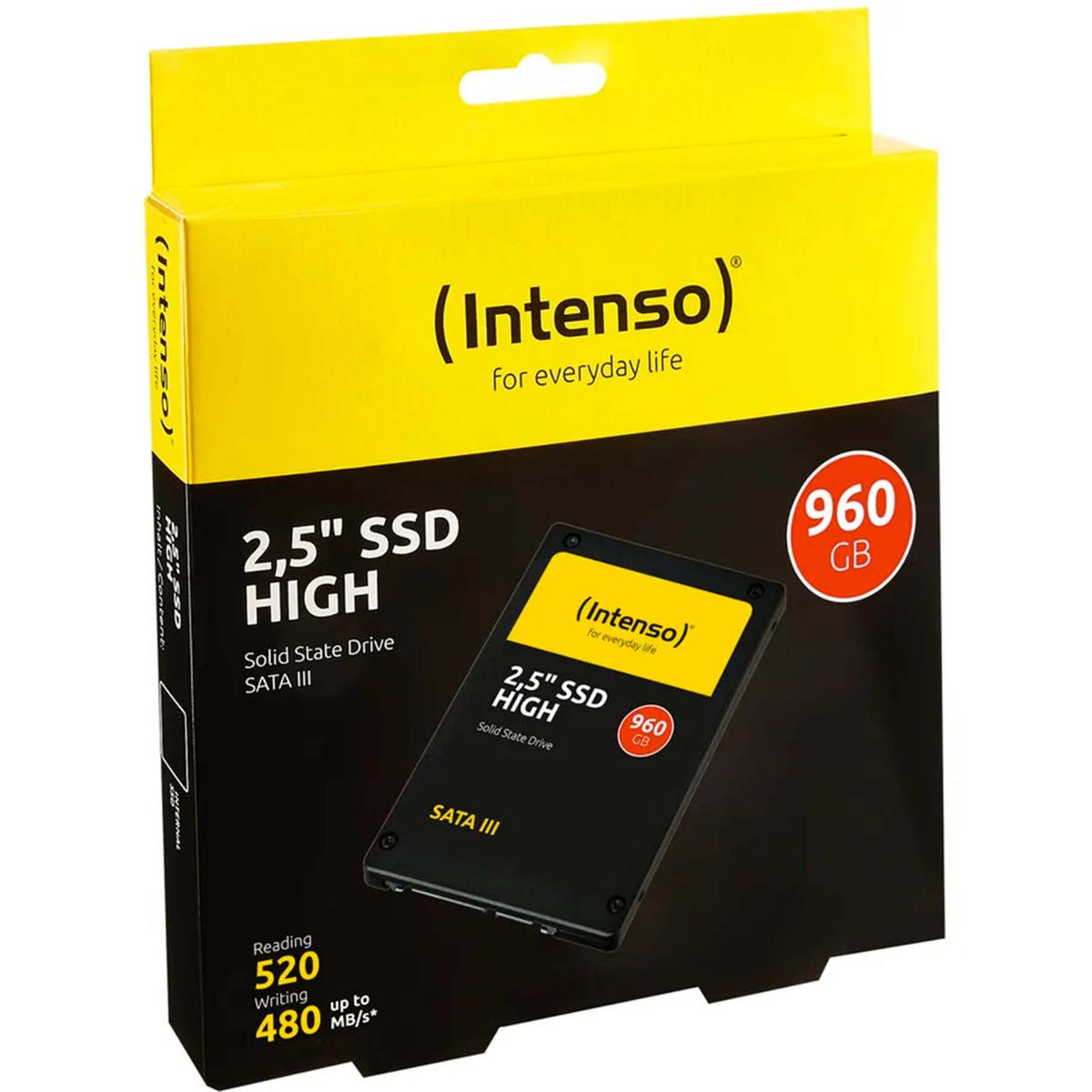 Żółto-czarne pudełko Intenso 2,5" SSD HIGH 960GB. Zawiera nazwę produktu, specyfikacje i logo marki.