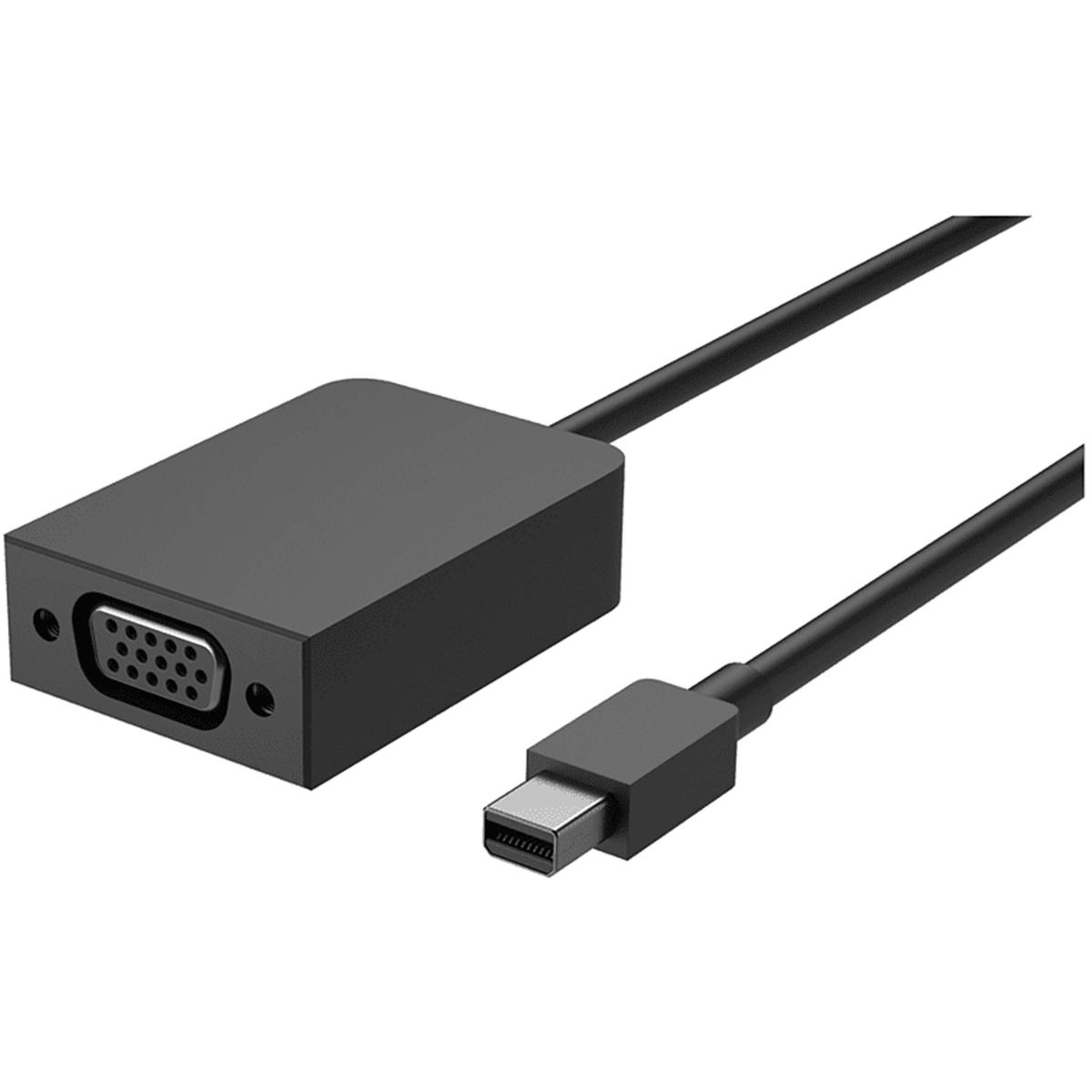 Un adattatore nero con porta VGA e connettore USB-C. Cavo e adattatore su sfondo bianco.