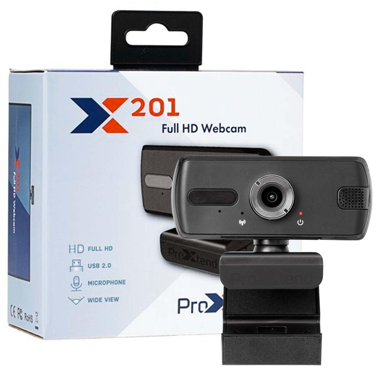 Czarna kamera internetowa z pudełkiem. Na pudełku napisano "X201 Full HD Webcam".