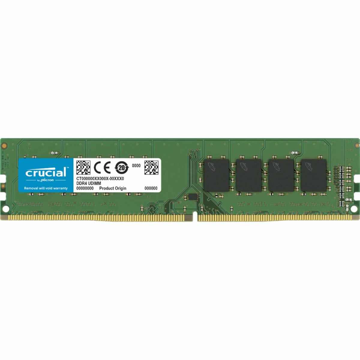 Un módulo de RAM DDR4 UDIMM Crucial verde. Tiene chips, un logotipo y texto. La placa es verde con chips negros.
