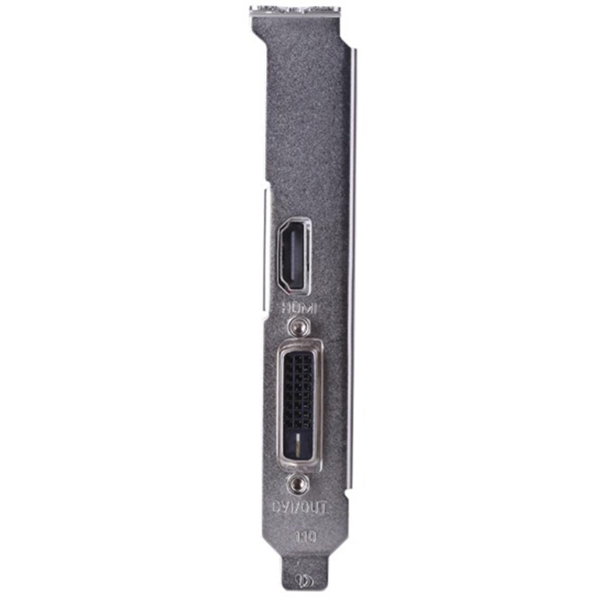Una scheda grafica argentata con porte HDMI, DVI/OUT. La scheda è orientata verticalmente su sfondo bianco.