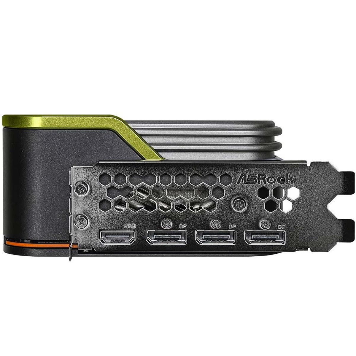 Eine Grafikkarte mit schwarzem und grünem Design. Sie hat mehrere Anschlüsse und das ASRock-Logo ist sichtbar.