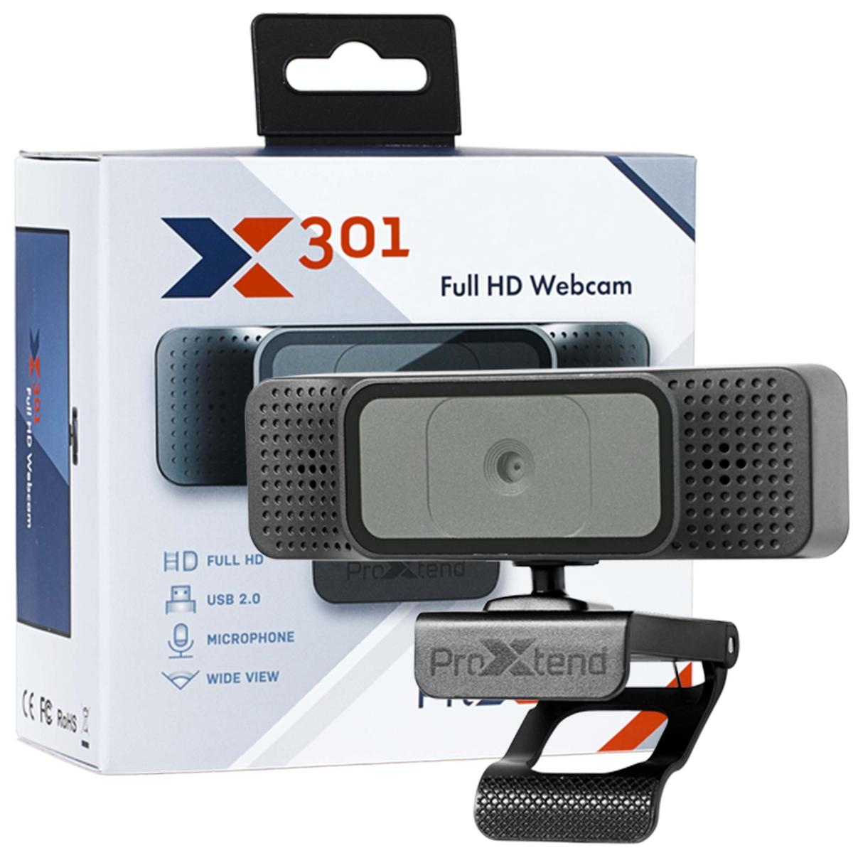 Kamera internetowa i jej pudełko. Na pudełku napis X301 Full HD Webcam, ProXtend na kamerze.