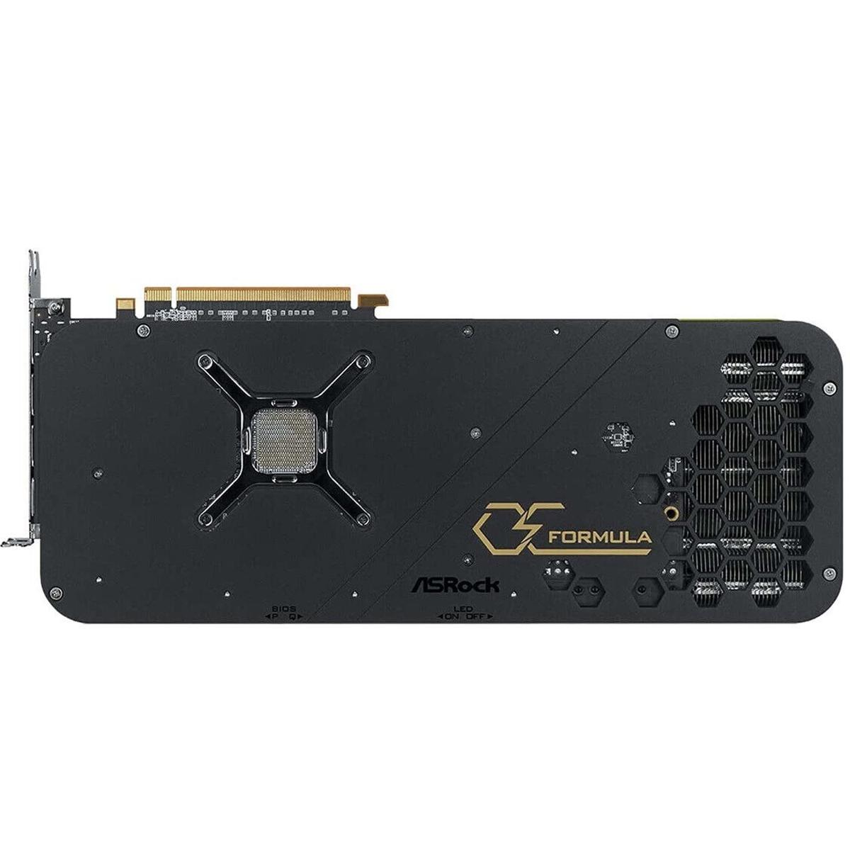 Rückseite einer schwarzen und goldenen ASRock-Grafikkarte. Merkmale sind ein Kühlkörper, Lüfter und das Formula-Logo.