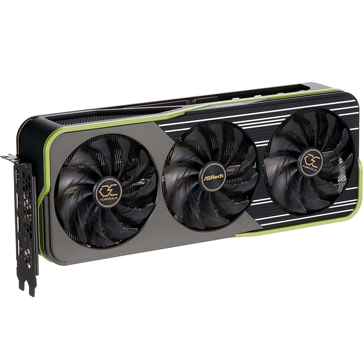 Grafikkarte mit drei Lüftern. Sie hat ein schwarz-grünes Design. Die Lüfter haben ein Logo und sind mit ASRock gekennzeichnet.