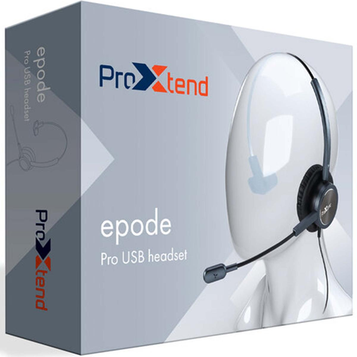 Scatola per cuffie con testa di manichino bianca. La scatola mostra le cuffie e il marchio ProXtend. La scatola dice 'epode Pro USB headset'.