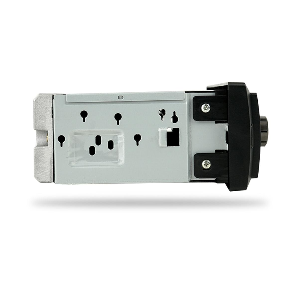 Componente autoradio, grigio e nero. Sono visibili fori e staffe di montaggio. C'è una manopola sul lato destro.