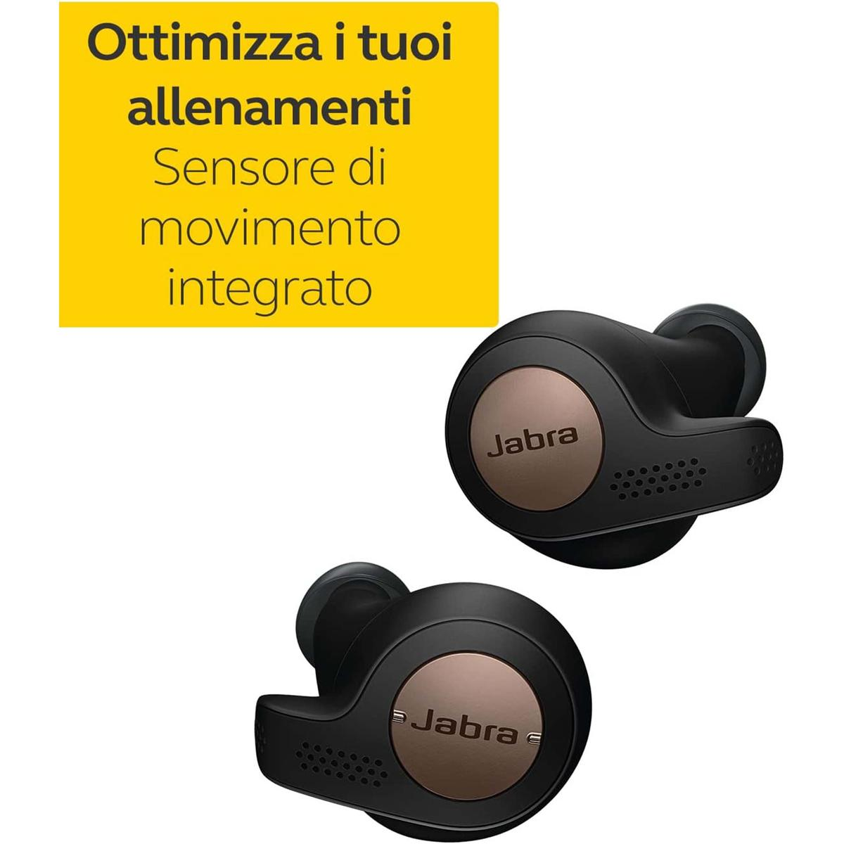 Dos auriculares inalámbricos Jabra. Negros, con detalles en bronce. Texto en cuadro amarillo: Optimiza tus entrenamientos.