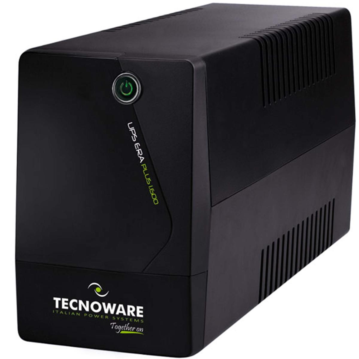 Dispositivo UPS nero. Ha un pulsante di accensione e il marchio TECNOWARE è visibile. Il modello è UPS ERA PLUS 1600.