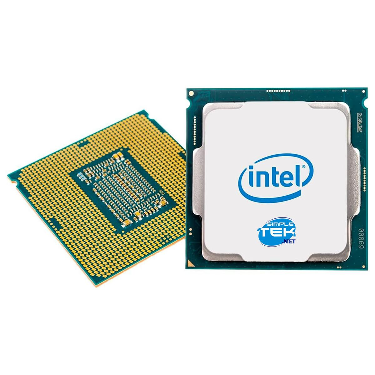 Zwei Computerprozessoren. Einer goldfarben, der andere weiß mit Intel-Logo. SimpleTekNet steht auf dem weißen.