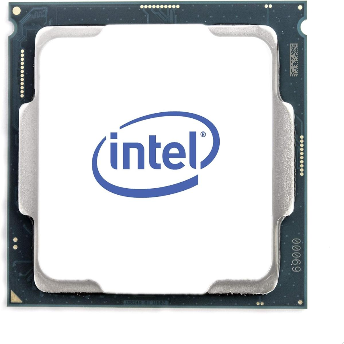 Eine CPU mit dem Intel-Logo auf weißem Grund, umgeben von einer dunkelgrünen Platine.