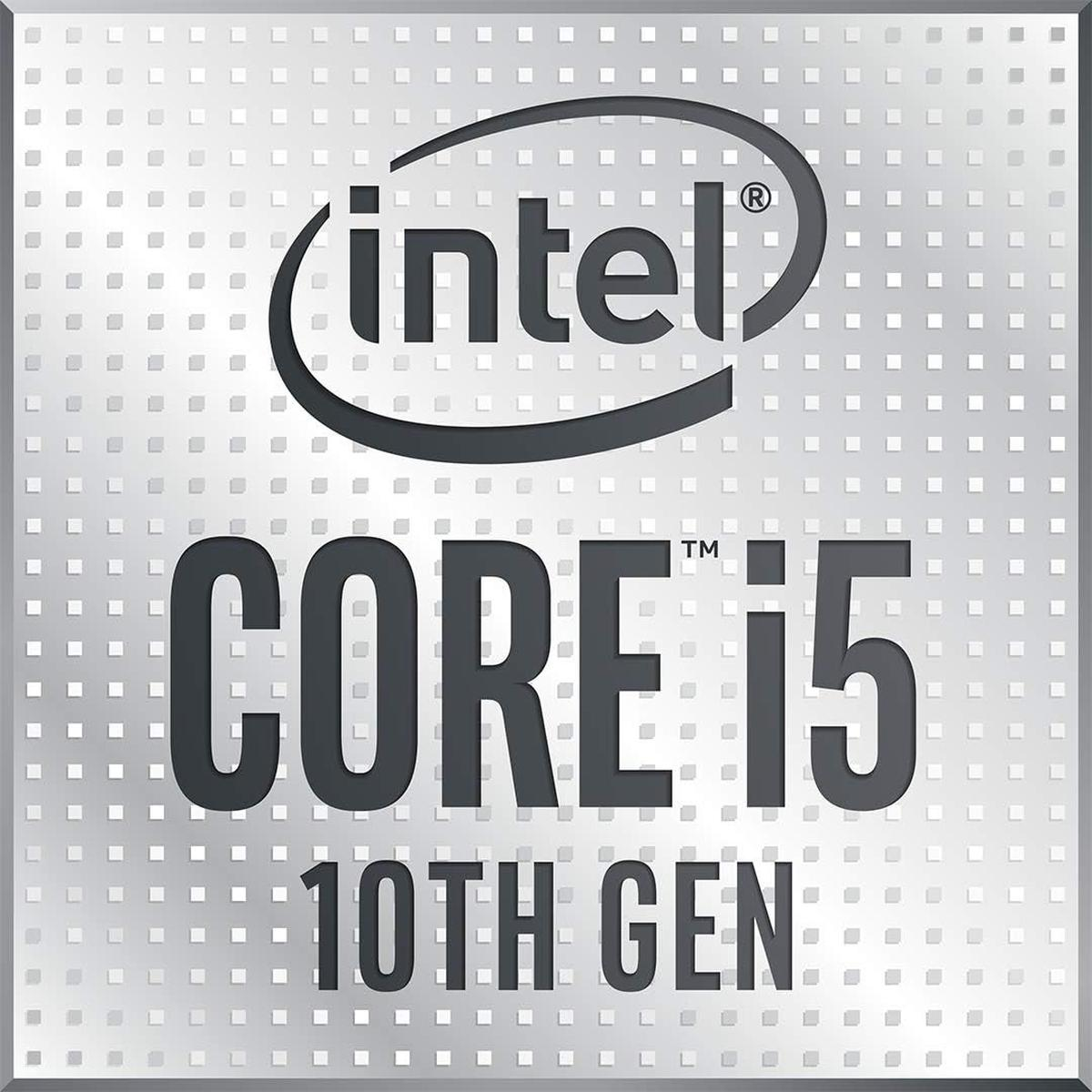 Intel Core i5 10. Generation Logo. Das Logo hat einen silbernen Hintergrund mit einem Muster aus kleinen Quadraten. Der Text ist dunkelgrau.