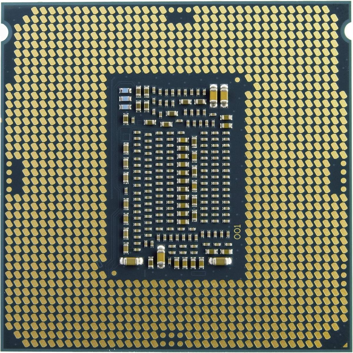 Nahaufnahme einer CPU. Sie hat viele kleine goldene Pins und integrierte Schaltkreise auf einer dunkelblauen quadratischen Basis.