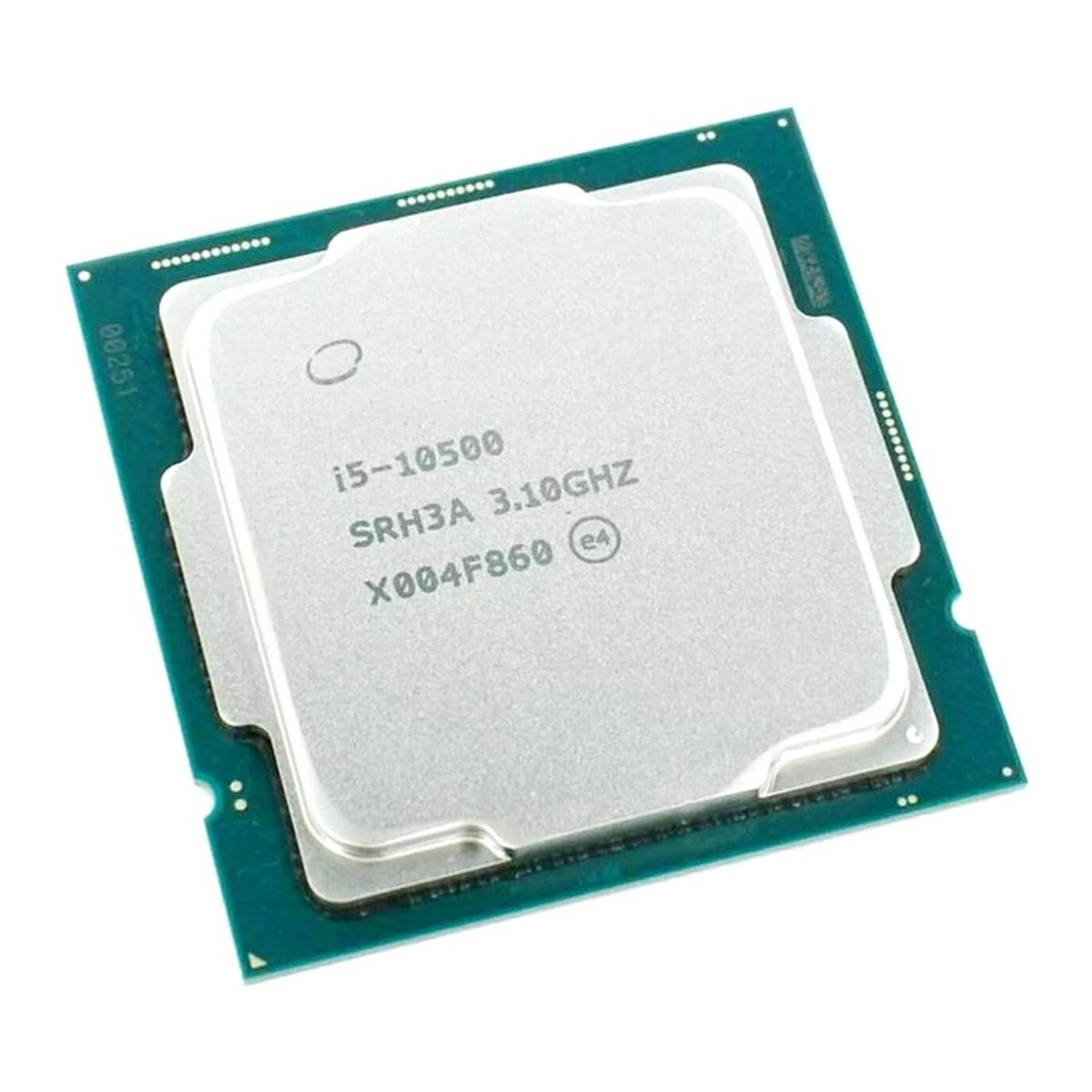 Eine silberne CPU mit Text: i5-10500, SRH3A 3.10GHz, X004F860. Sie liegt auf einer grünen Platine.