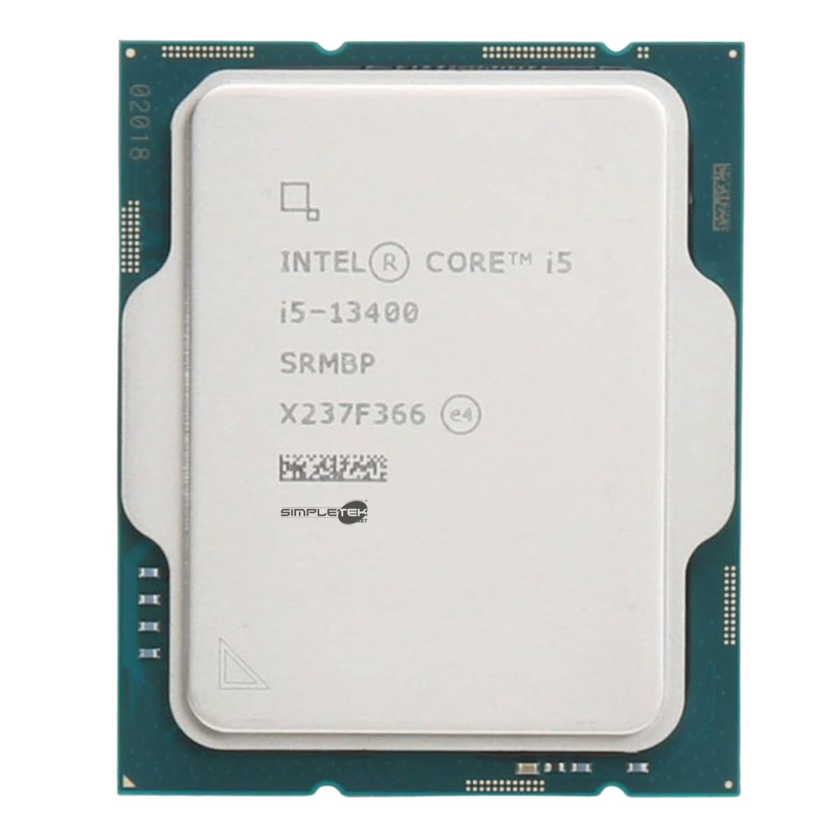 Układ CPU z oznaczeniami Intel Core i5. Tekst zawiera i5-13400 i X237F366. Układ jest biały i zielony.