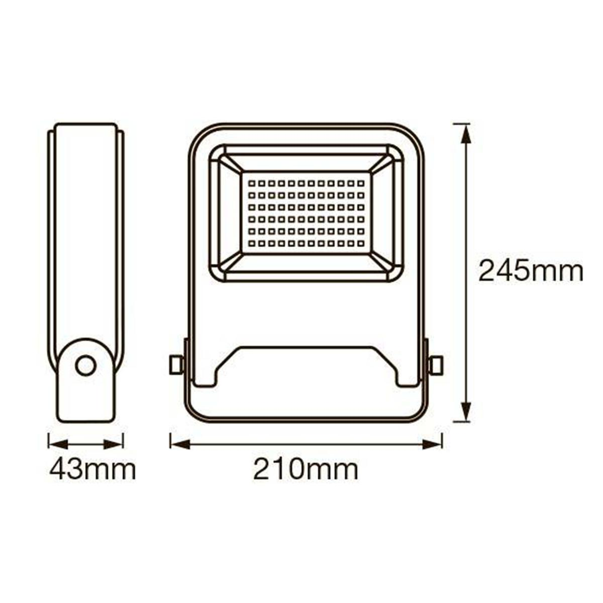 Diagramma di un proiettore rettangolare con dimensioni. Mostra 245 mm di altezza, 210 mm di larghezza e una vista laterale di 43 mm di larghezza.