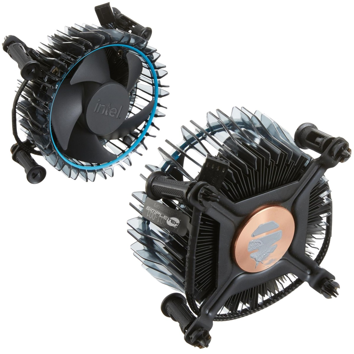 Dwa chłodzenia CPU. Czarne i srebrne żeberka, wentylator z logo Intel. Miedziana podstawa z szarą pastą termoprzewodzącą. Czarne ramy.