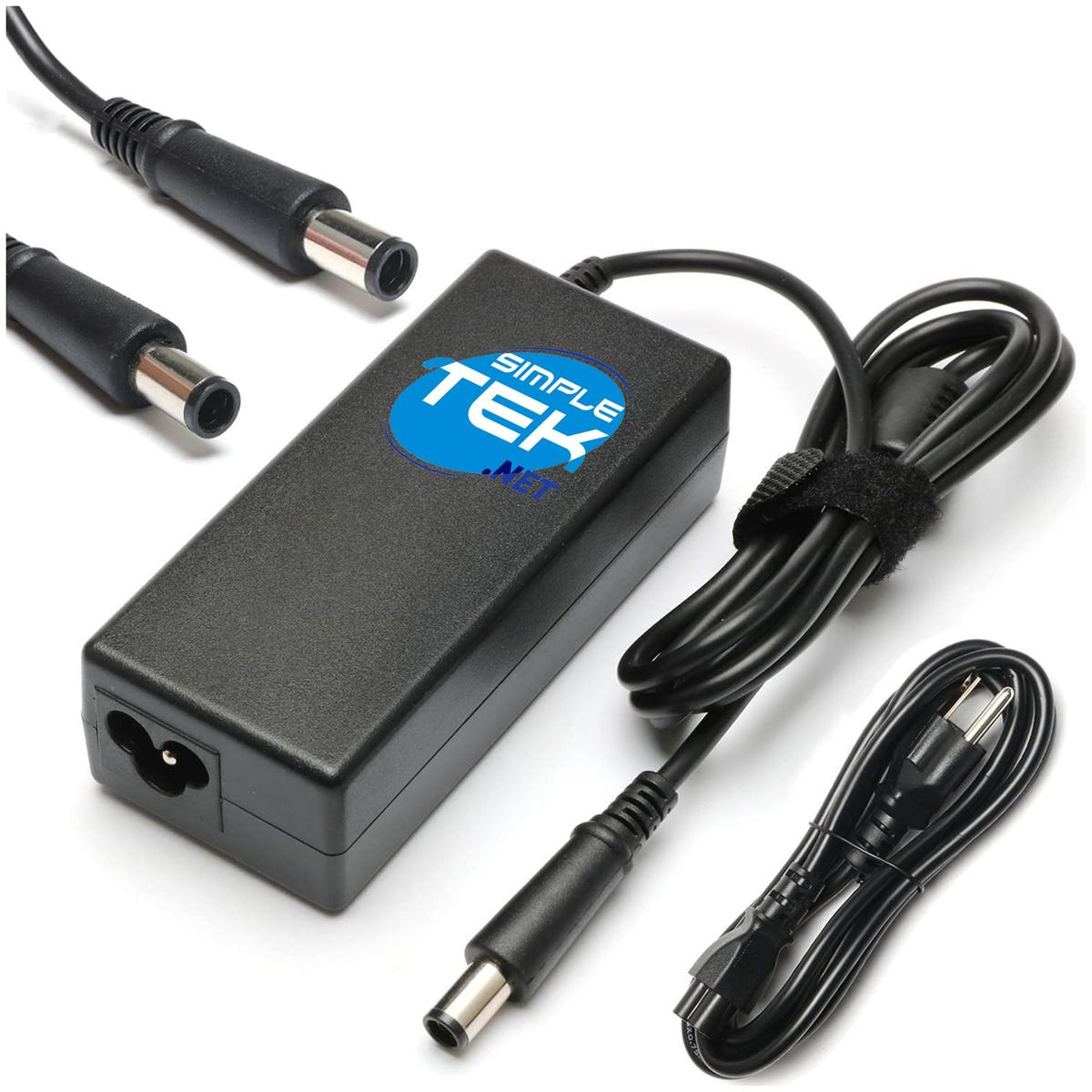Un caricabatterie per laptop Simple Tek nero con più cavi e connettori neri, su sfondo bianco.