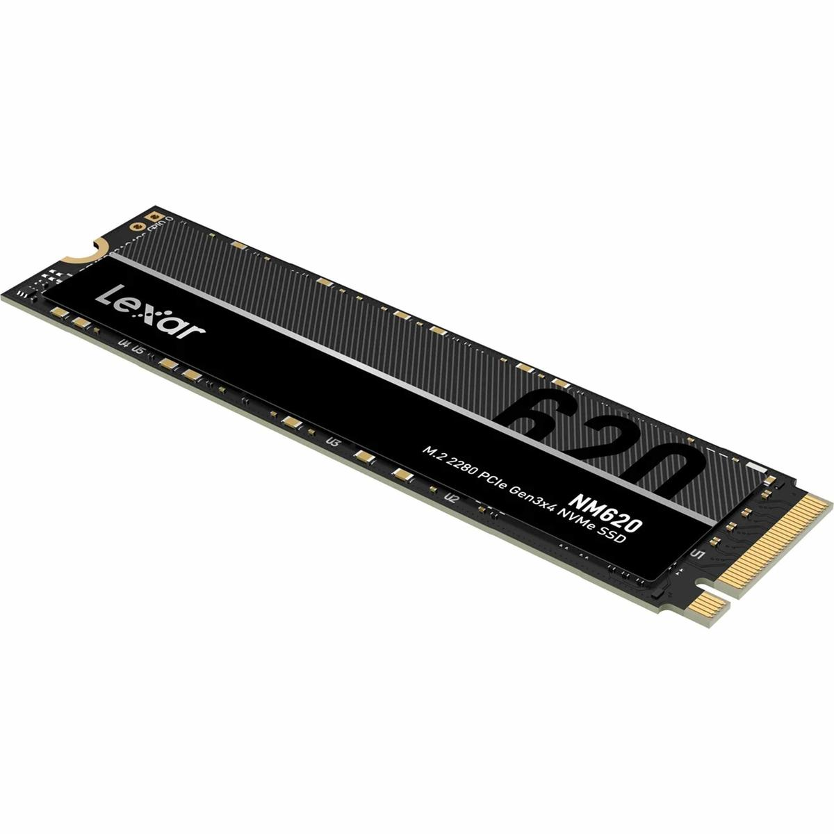 Lexar NM620 M.2 2280 PCIe Gen3x4 NVMe SSD. Czarny i srebrny z tekstem. Widok z góry na białym tle.