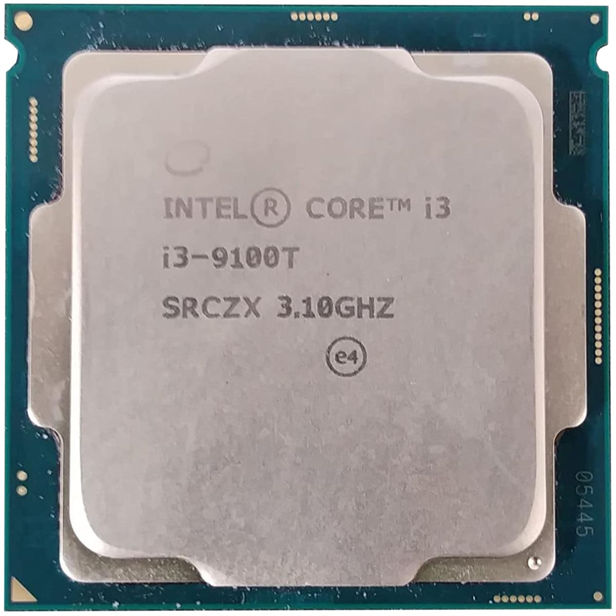 CPU mit 'Intel Core i3'-Text. Modell i3-9100T, 3,10 GHz. Silberne CPU auf grüner Platine.