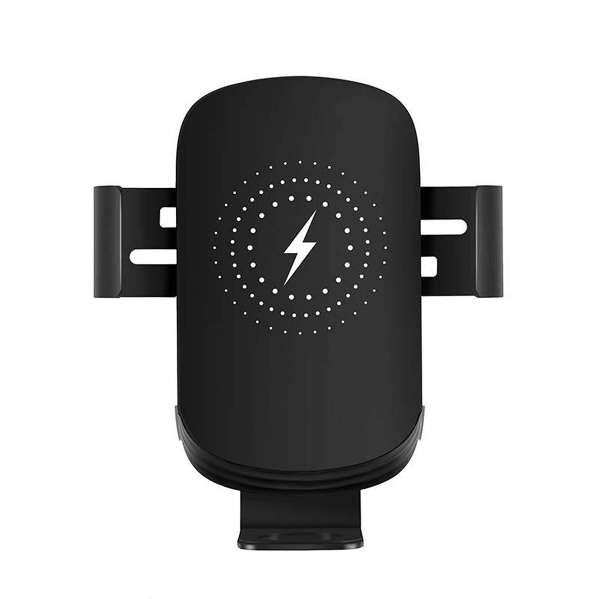 Caricabatterie wireless nero per telefono. Ha morsetti laterali, una base in basso e un simbolo a forma di fulmine al centro.