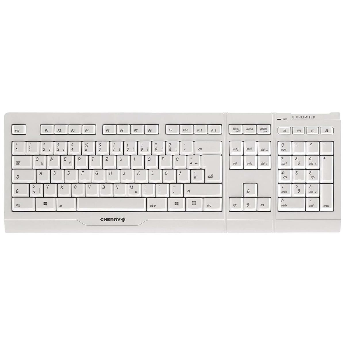 Biała klawiatura Cherry z czarnymi klawiszami, w tym klawisze funkcyjne, litery, cyfry i klawiatura numeryczna.