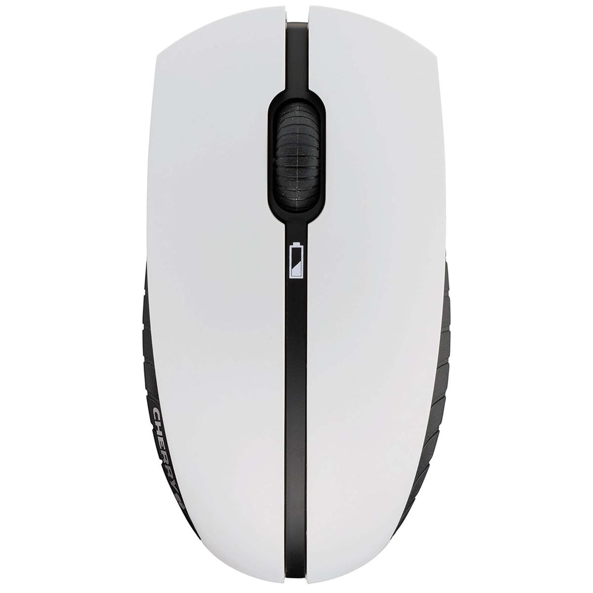Biała mysz komputerowa z czarnymi akcentami. Posiada kółko przewijania, wskaźnik baterii i czarny pasek pośrodku.
