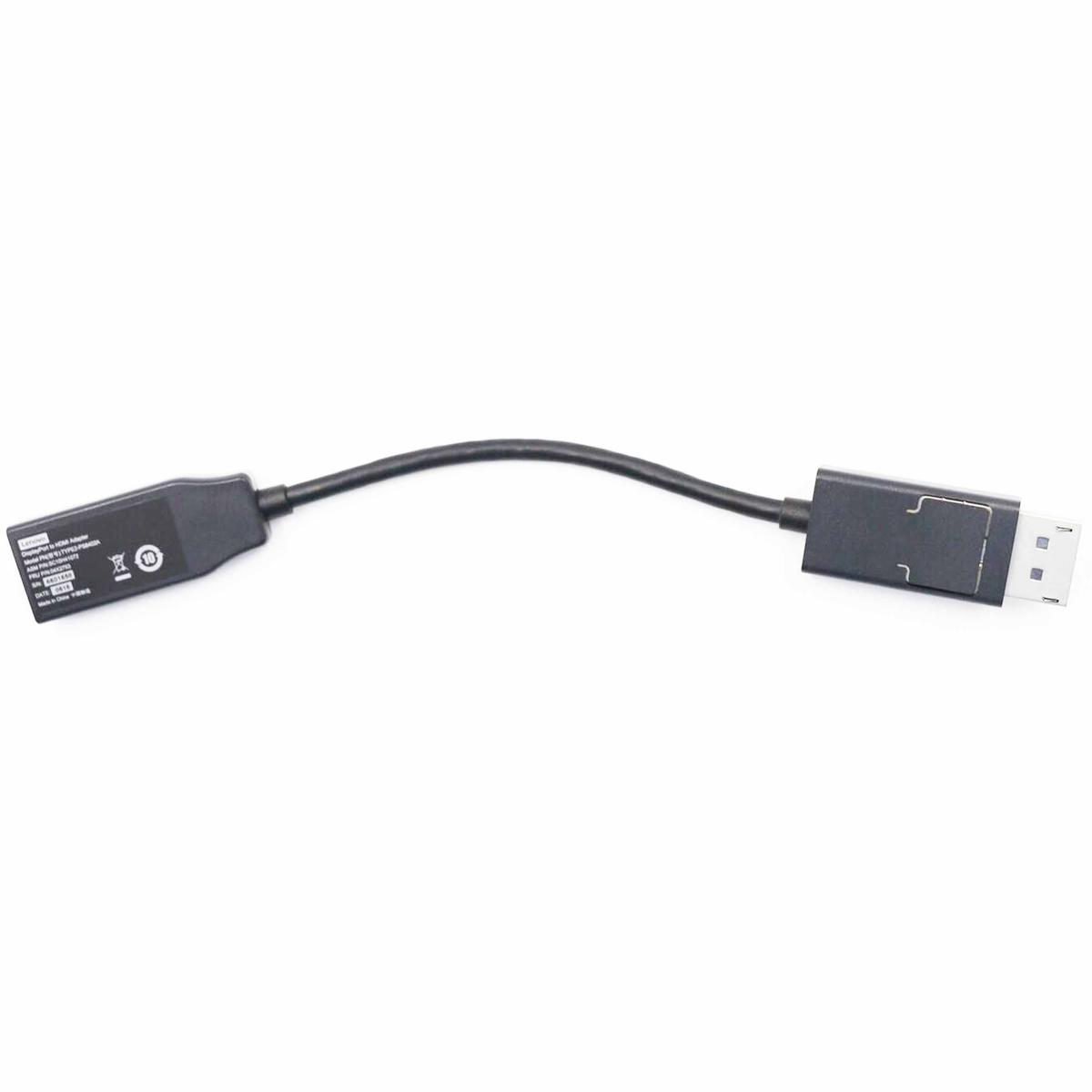 Cable adaptador negro con conector DisplayPort y conector rectangular. Fondo blanco.