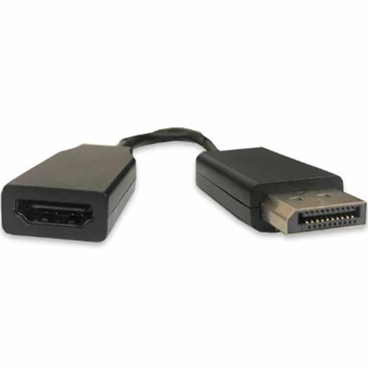 Cable adaptador negro HDMI a DisplayPort, conectores en cada extremo, conectados por un cable negro, sobre fondo blanco.