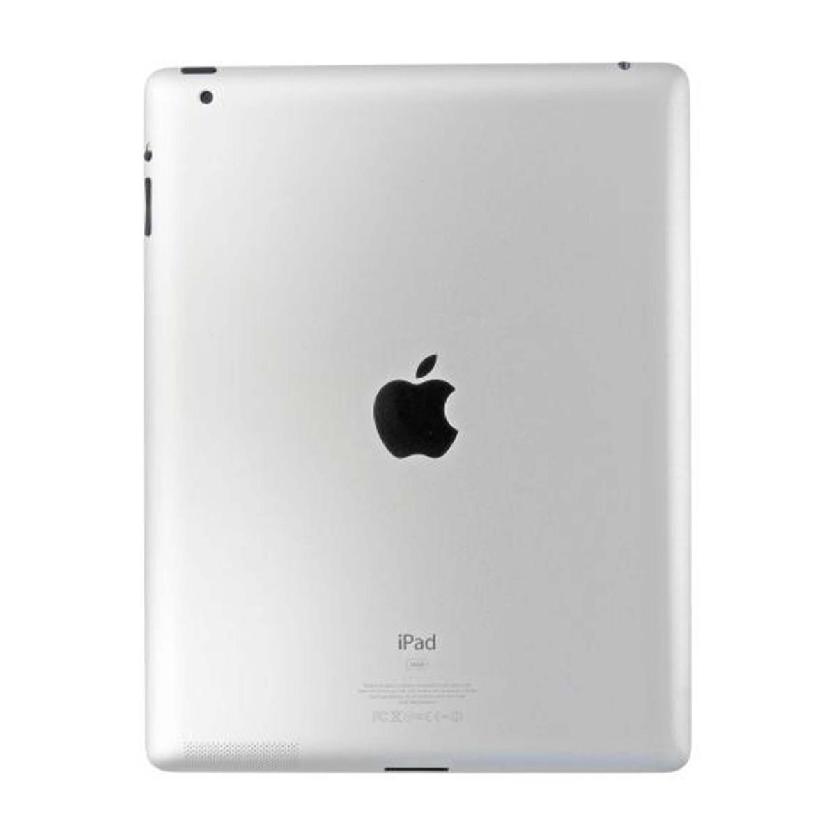 Srebrny tył iPada z czarnym logo Apple, aparatem i tekstem 'iPad'. Prostokątny kształt z zaokrąglonymi rogami i małym głośnikiem.