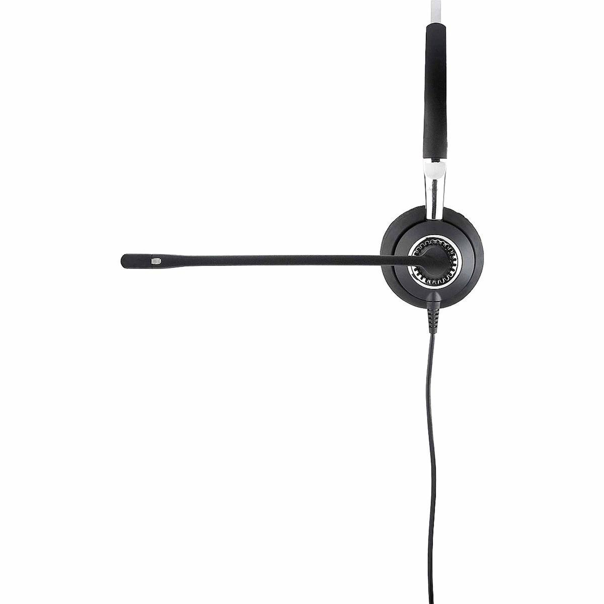 Auriculares negros con micrófono sobre fondo blanco. El auricular es redondo con un brazo largo.