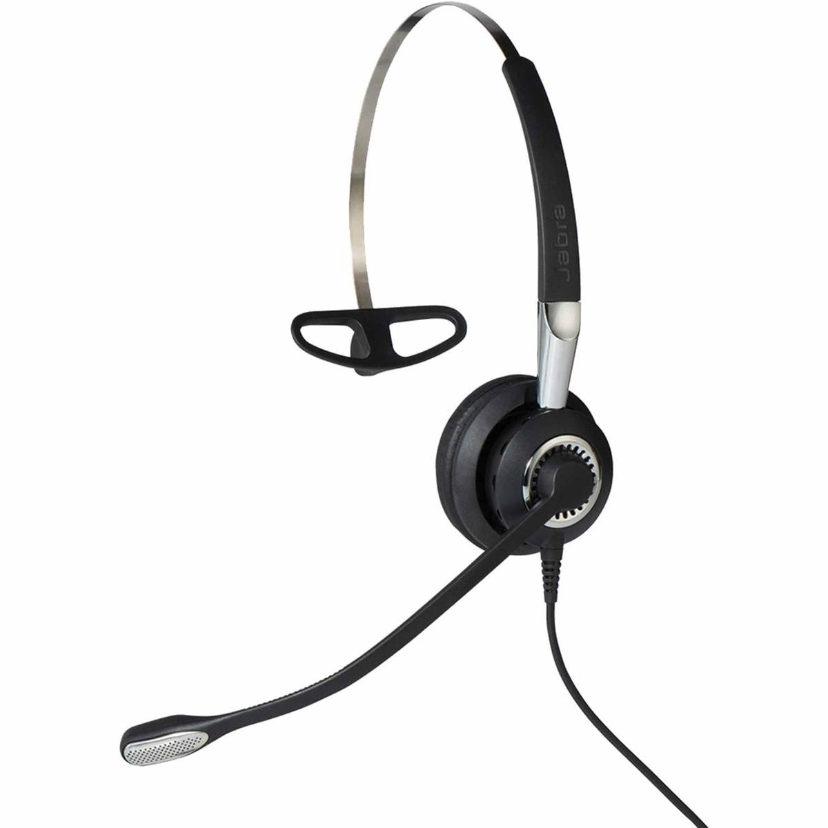 Auriculares Jabra negros con micrófono, diadema plateada y auricular. Los auriculares son con cable.