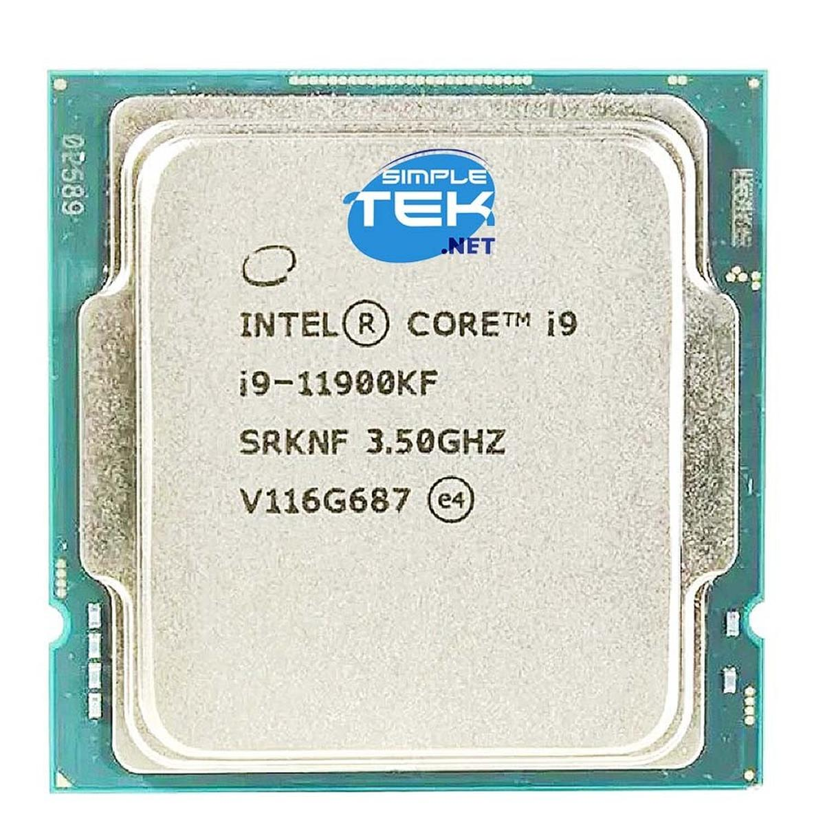 Processore Intel Core i9. Chip centrale argentato con testo nero, circondato da un circuito stampato verde. Include il logo Simple Tek.