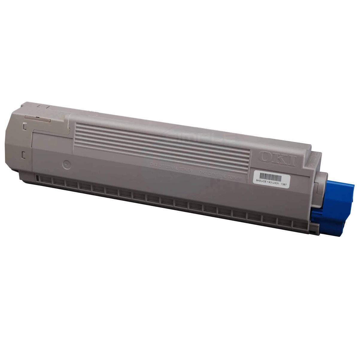 Eine OKI-Tonerkartusche. Sie ist grau mit einem blauen Ende. Die Patrone ist mit 'OKI ORIGINAL TONER' beschriftet und hat einen Aufkleber.