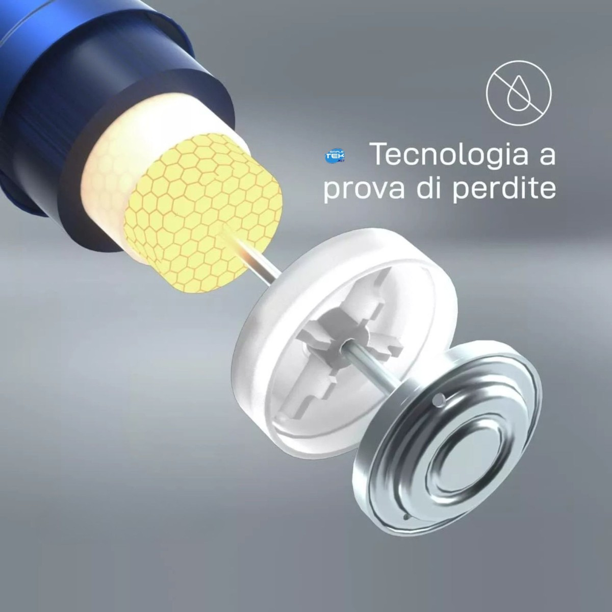 Widok rozstrzelony pokazuje wewnętrzne elementy urządzenia. Warstwy materiałów, metalowa nasadka z włoskim tekstem.