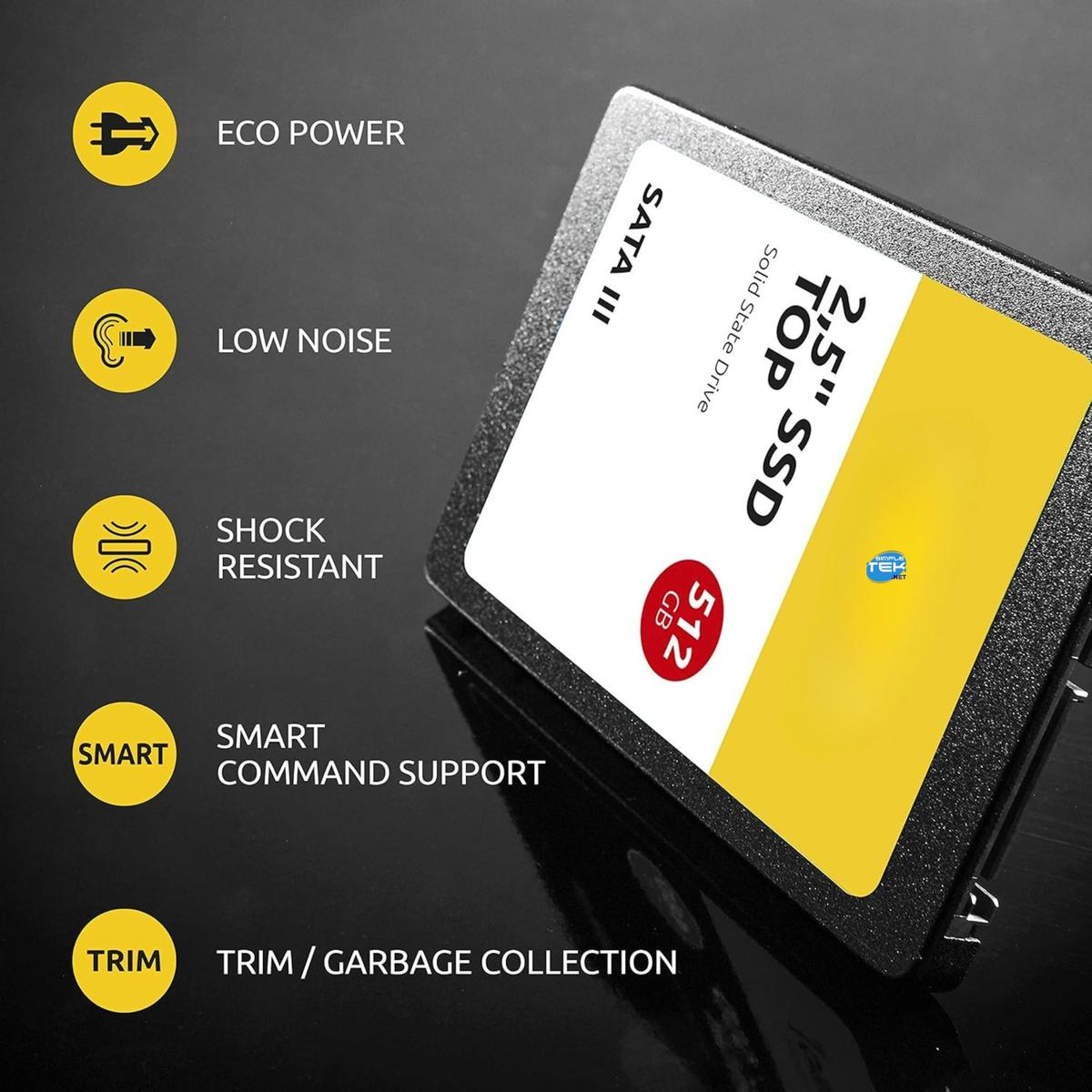 Czarny i żółty dysk SSD 2,5" na ciemnym tle. Tekst zawiera 'SATA III', 'TOP SSD', '512 GB' i ikony funkcji.
