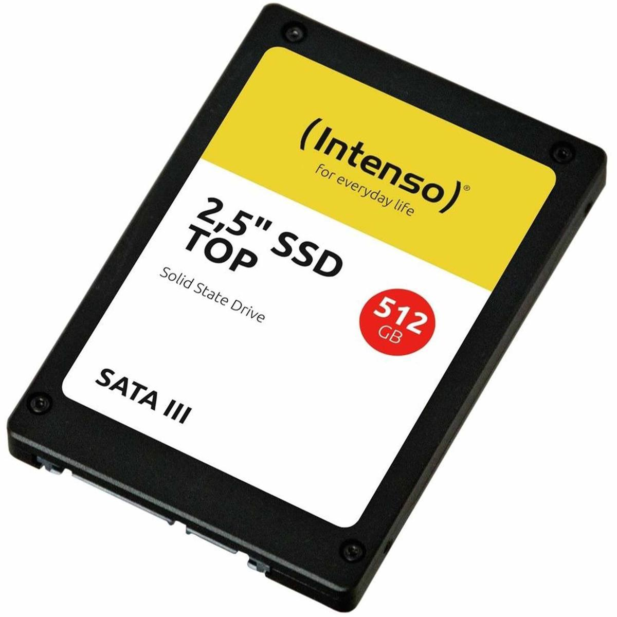 Czarny dysk SSD z żółtą i białą etykietą. Ma nadrukowane 'Intenso', '2,5" SSD', '512 GB' i 'SATA III'.