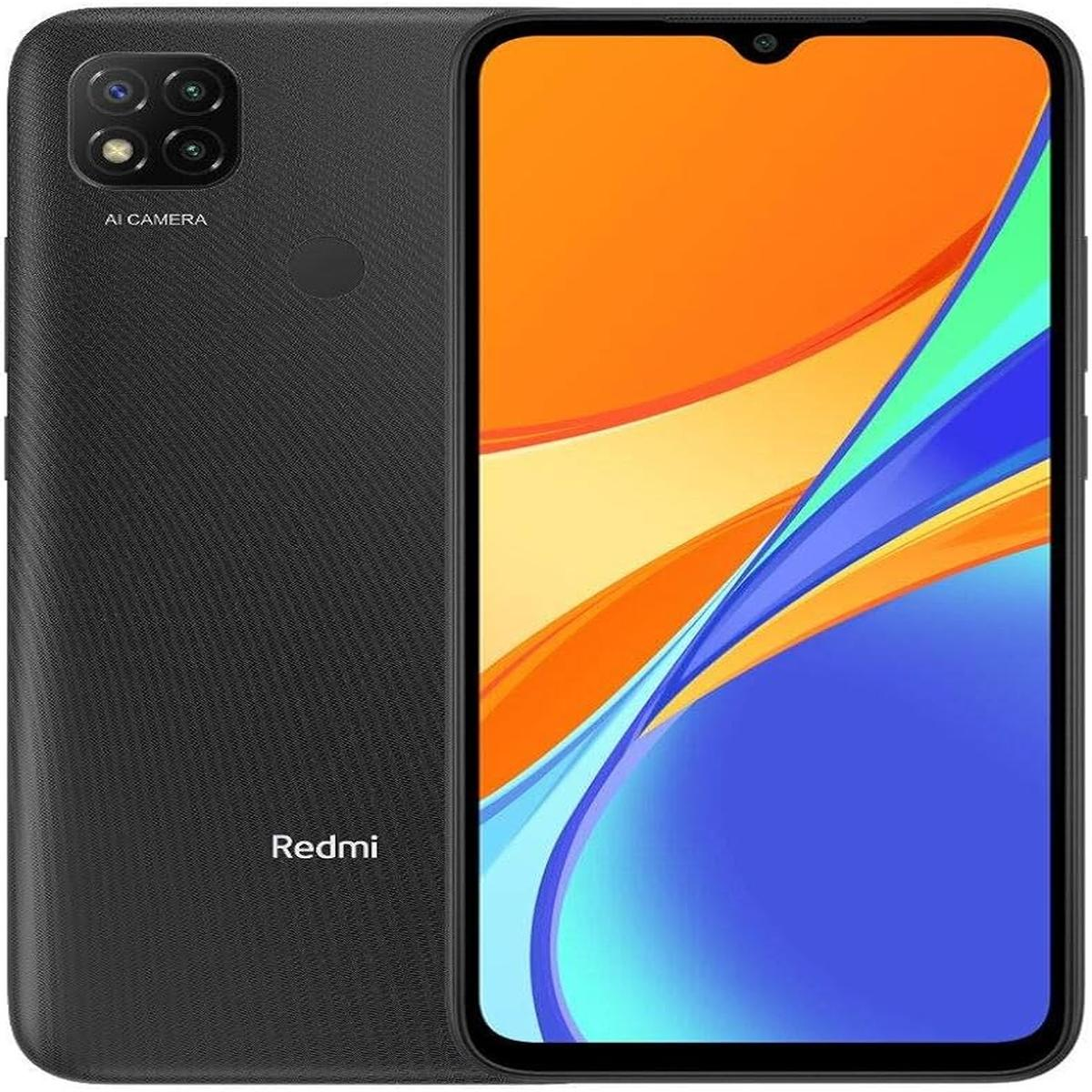 Schwarzes Redmi-Smartphone mit farbenfrohem Bildschirm, der orange, blaue und grüne Formen anzeigt. Es hat eine Quad-Kamera auf der Rückseite.
