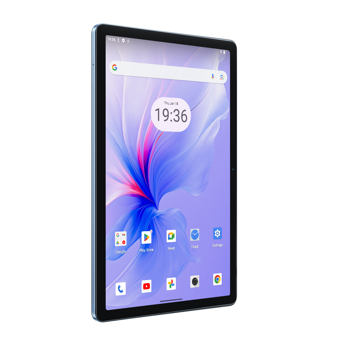 Schermo del tablet che mostra l'ora e le icone delle app. Lo sfondo mostra un design astratto blu e viola.
